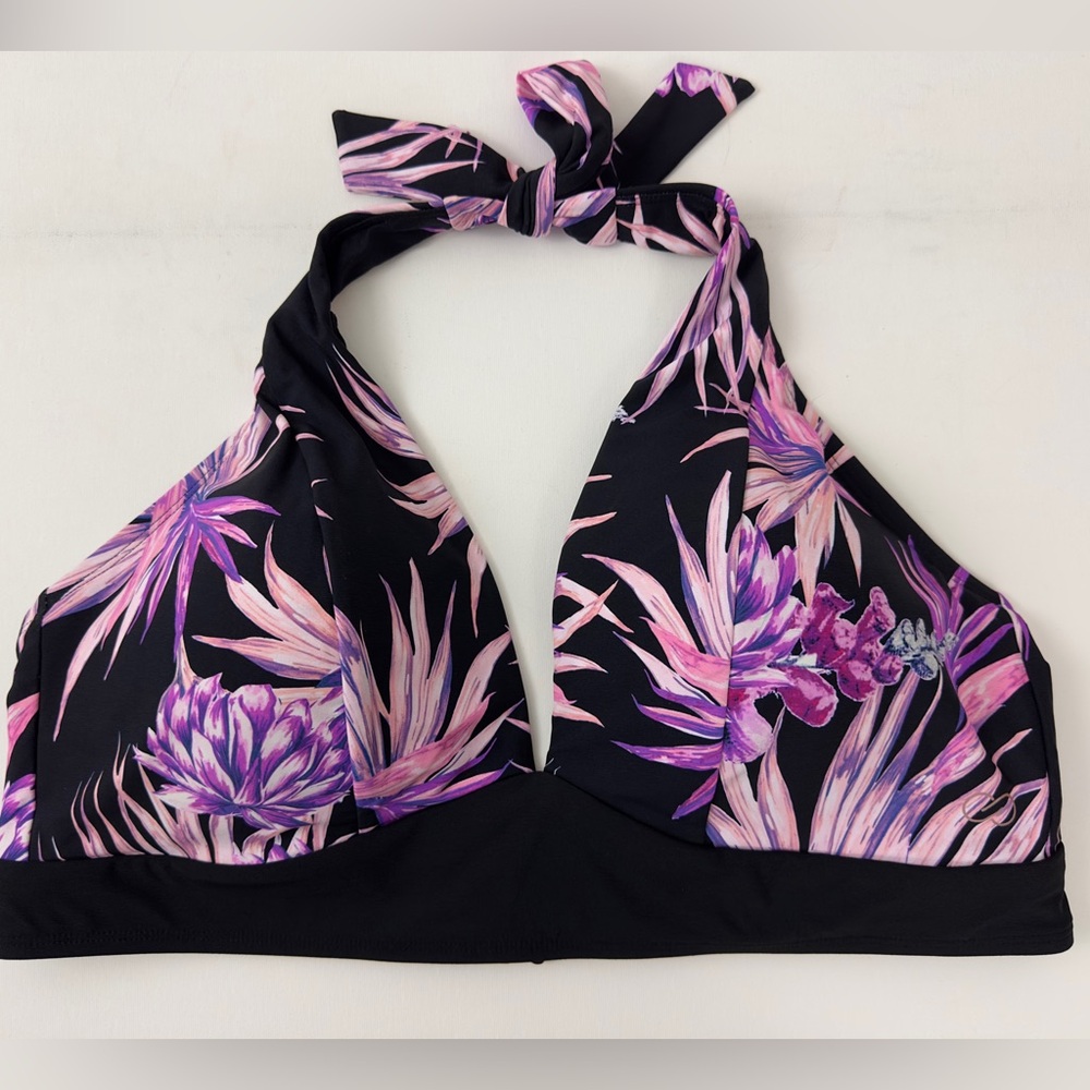 CALIA  Black with Purple Tropical Print Plunging V Neck Halter Swimsuit …